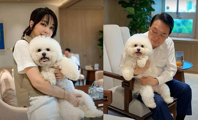 과거 윤석열 전 대통령과 부인 김건희 여사가 서울 용산구 대통령실에서 반려견과 시간을 보내는 모습. 대통령실 제공