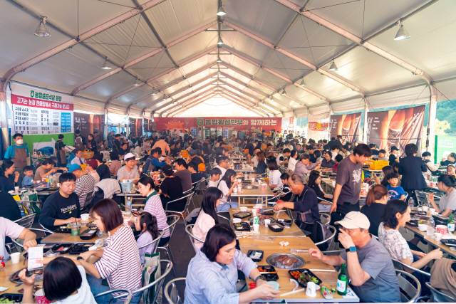 지난해 열린 제20회 횡성한우축제장 한우구이터에서 방문객들이 한우고기를 맛보고 있다.