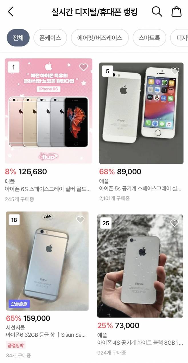 구형 아이폰의 인기가 높아지고 있다. 사진은 에이블리 디지털/휴대폰 카테고리에서 구형 아이폰이 랭킹 1, 5, 18, 25위에 각각 올라있는 모습. /사진=에이블리 캡처