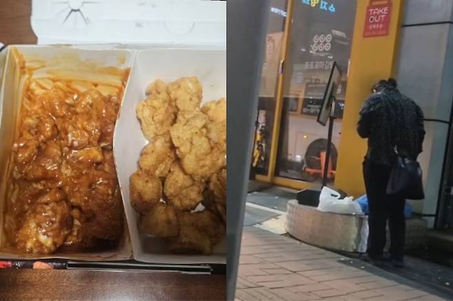 [뉴시스] 배달 기사가 위생장갑을 끼고 길거리에서 배달 음식을 절반 가까이 먹은 채 손님에게 그대로 배달하는 피해를 겪었다는 한 자영업자의 사연이 전해졌다. 사진은 해당 손님이 촬영한 배달 치킨의 상태(왼)와 문제의 배달기사가 길거리서 마라탕을 빼먹는 모습. (사진 = 인스타그램 갈무리) 2025.10.13. *재판매 및 DB 금지