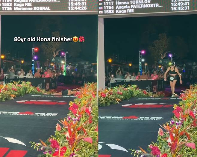 결승선 앞에서 넘어졌다가 다시 일어서는 나타리 그래보 [아이언맨 월드 챔피언십 SNS]