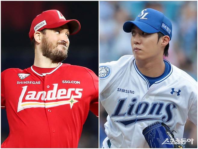 SSG 드류 앤더슨(왼쪽)과 삼성 원태인이 13일 대구삼성라이온즈파크에서 열릴 준PO 3차전에 선발등판한다. 사진제공｜SSG 랜더스·삼성 라이온즈