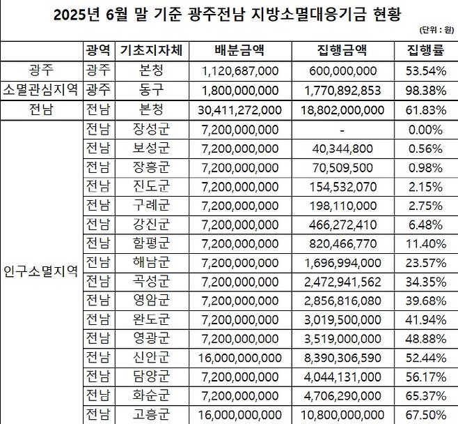 광주와 전남 지역 지자체들이 '지방소멸대응기금' 전국 평균 집행률에도 미치지 못하는 것으로 나타났다.사진은 광주·전남 본청, 지자체의 지방소멸대응기금 배분 금액과 사용 금액 그리고 집행률. /정춘생 국회의원실 제공