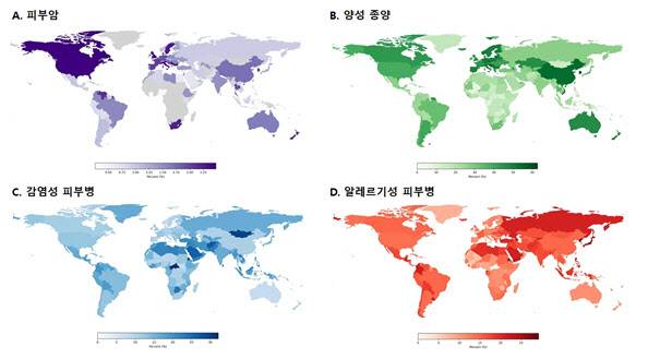 연구팀이 npj Digital Medicine에 공개한 피부질환별 세계 지도.