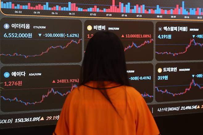 서울 서초구 빗썸라운지 강남본점 현황판에 가상화폐 가격이 표시되고 있다. /연합뉴스