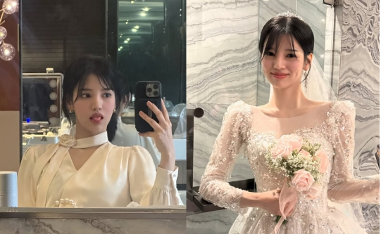 방송인 유병재와 공개 열애 중인 안유정이 순백의 웨딩드레스 자태를 공개했다.사진=안유정 SNS