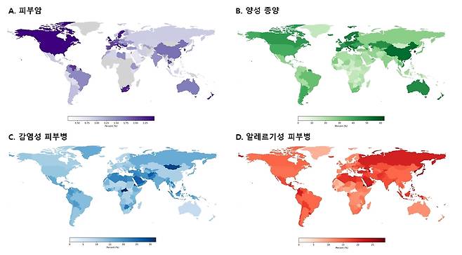 연구팀이 npj Digital Medicine에 공개한 피부질환별 세계 지도