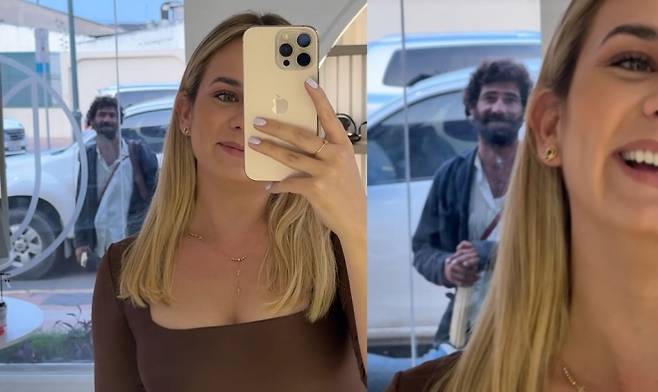 에콰도르 인플루언서이자 사업가인 에이미 솔라노가 한 의류 매장에서 거울에 비친 자기 모습을 촬영하고 있을 때 매장 밖에서 나타난 콜롬비아 출신 철학자이자 음악가 디에고 론도뇨의 모습. 틱톡 캡처