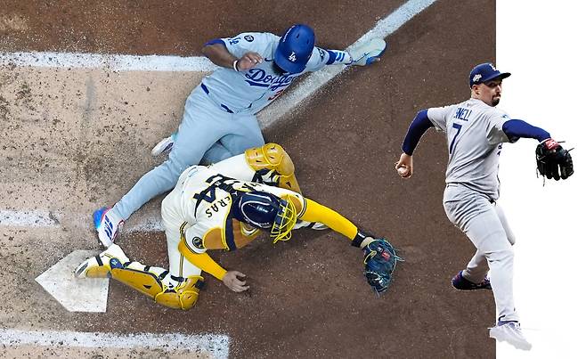 LA 다저스의 테오스카 에르난데스가 14일 밀워키에서 열린 밀워키와 내셔널리그 챔피언십시리즈 1차전 4회초, 홈에서 포스아웃 되고 있다. 오른쪽 사진은 다저스 선발투수 블레이크 스넬. AP·EPA연합