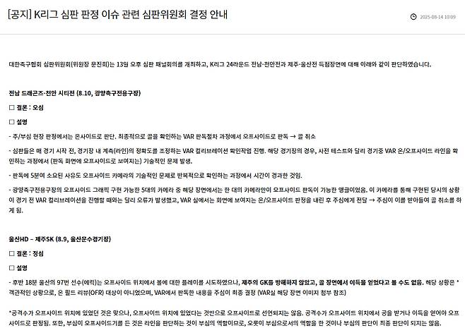 지난 8월 전남 드래곤즈-천안 시티전, 울산 HD-제주 SK전 판정 이슈와 관련해 심판위원회 결정을 이례적으로 발표했던 대한축구협회. /사진=대한축구협회 제공