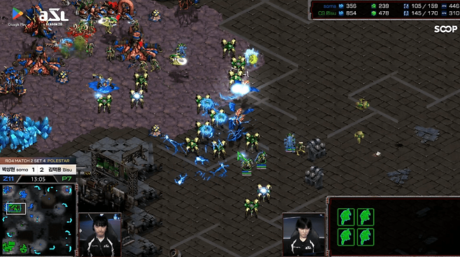 - 드라군 위에 사이오닉 스톰 2방을 사용하면서 병력 손해를 입은 김택용