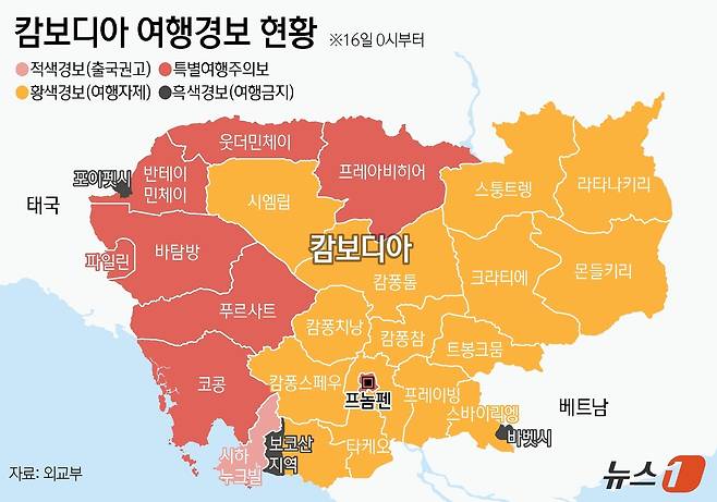 외교부가 캄보디아에서 한국인을 대상으로 한 취업사기·감금 피해가 급증함에 따라 일부 지역에 대해 여행경보 최고 단계인 4단계(여행금지)를 발령했다. ⓒ News1 김지영 디자이ㅇ