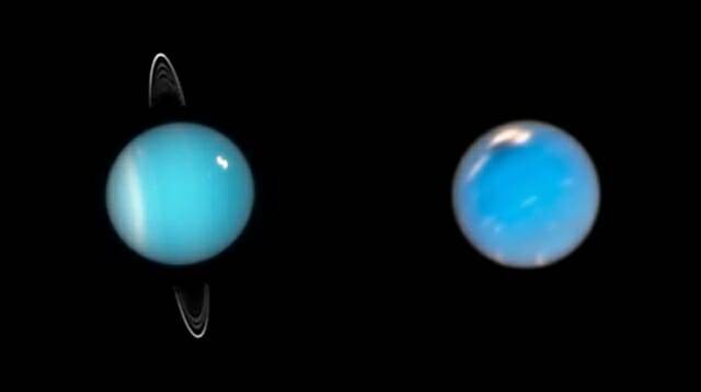 허블 우주 망원경으로 촬영한 천왕성(왼쪽)과 해왕성의 합성 이미지 (출처=NASA, ESA)