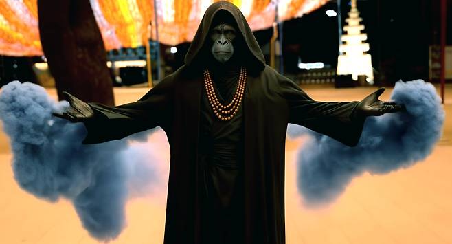 국내 최초 장편 AI 영화 ‘중간계’에 등장하는 저승사자. AI로 생성한 영상이다. 조계사 측의 허가를 받아 사찰 내부에서 실제 촬영한 배경에 AI로 만든 저승사자와 염라대왕 등이 액션을 보여주도록 만들었다./CJ CGV