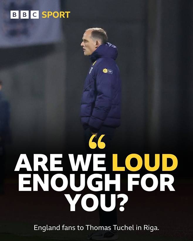 15일 열린 라트비아와 잉글랜드의 경기 중 원정 팬들이 투헬 감독을 향해 야유송을 부른 거로 알려졌다. 사진=BBC