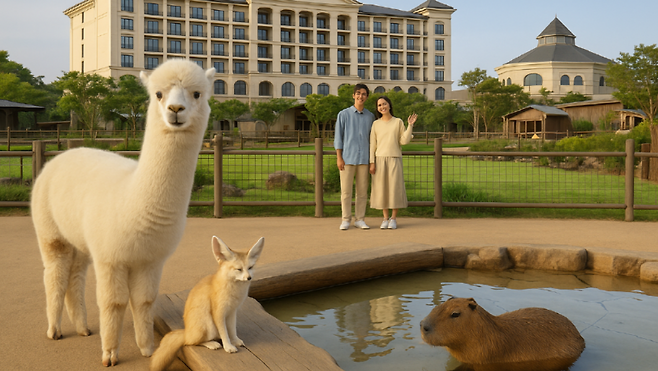 황혼빛이 스미는 리조트 수영장 곁. 카피바라와 알파카 그리고 사막여우가 함께하는 순간. 감정이 머무는 제주의 저녁을 상징한다. (편집 이미지)