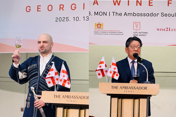 Georgian Ambassador to Korea Tarash Papaskua (left) and Herald Media Group CEO Choi Jin-young deliver remarks at the 2025 Georgia Wine Festival at the Ambassador Pullman Seoul on Monday. (Sanjay Kumar/The Korea Herald)