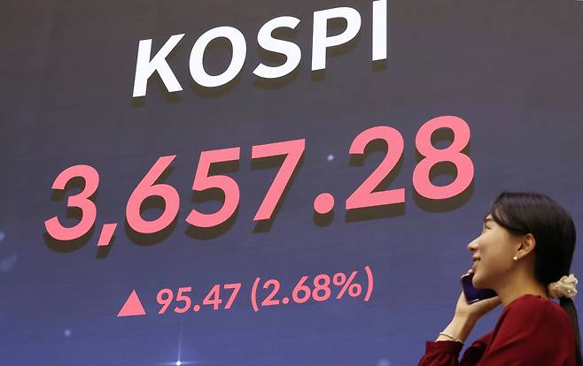 A trading board shows the benchmark Kospi closing at a record 3,657.28 at the Korea Exchange in Yeouido, western Seoul, on Wednesday. (Yonhap)
