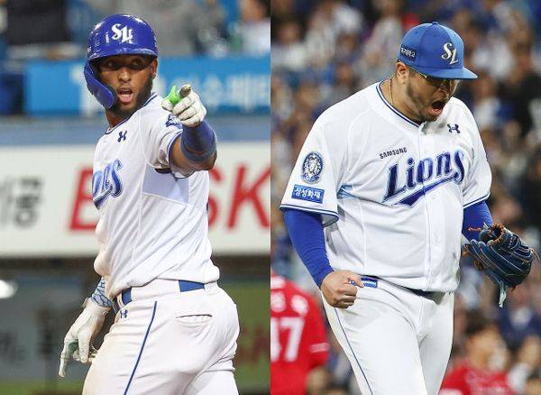 삼성 라이온즈 르윈 디아즈가 14일 대구 삼성라이온즈파크에서 열린 SSG 랜더스와의 2025 프로야구 준플레이오프 4차전에서 8회말 결승 투런 홈런을 친 뒤 세리머니를 하고 있다. 오른쪽은 선발 등판한 삼성 투수 아리엘 후라도가 7회초까지 무실점으로 틀어막은 뒤 마운드에서 포효하는 모습이다. 연합뉴스