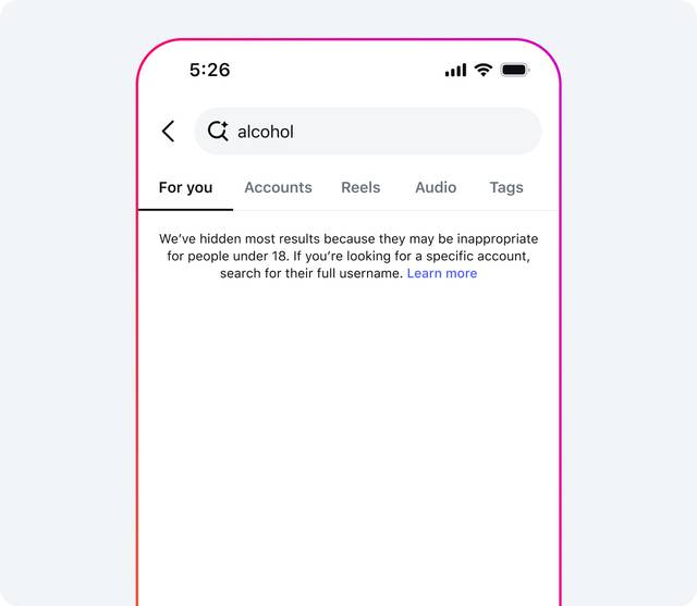 ‘술(alcohol)’ 등의 민감한 단어 검색 결과는 10대 계정에서 차단된다. 메타