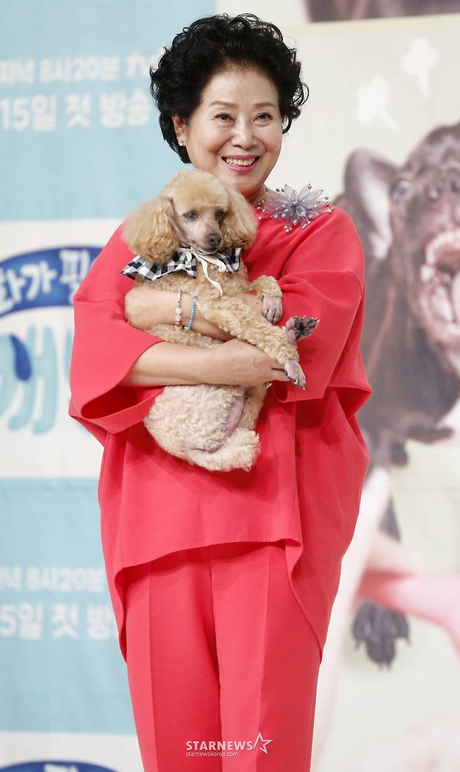 배우 선우용여가 12일 오후 서울 영등포구 아모리스 타임스퀘어에서 진행된 tvN 예능프로그램 '대화가 필요한 개냥' 제작발표회에 참석해 포즈를 취하고 있다. /사진=김휘선 기자 hwijpg@