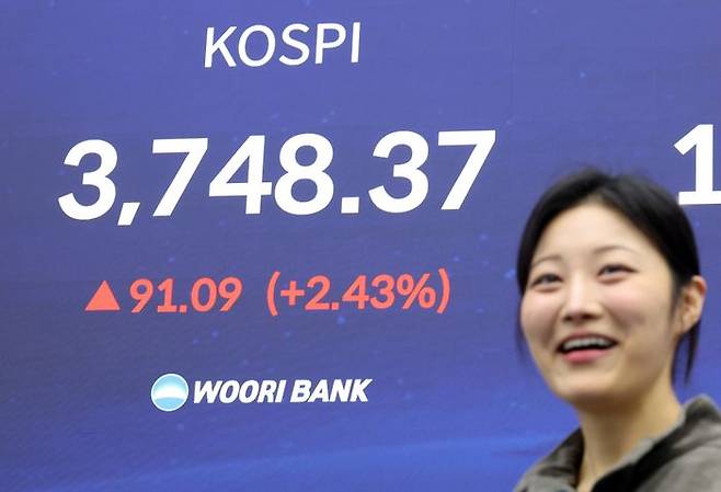 코스피가 사상 처음으로 3천700선을 뚫은 16일 서울 중구 우리은행 본점 딜링룸에서 한 딜러가 활짝 웃고 있다. ⓒ연합뉴스