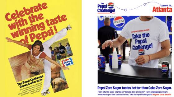1975년 펩시 챌린지 축하 광고(왼쪽)와 2025년 펩시 챌린지 홍보자료. [사진 각사]