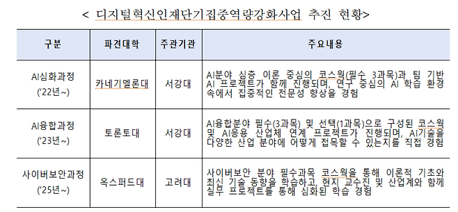 디지털혁신인재단기집중역량강화사업 추진 현황.[IITP 제공]