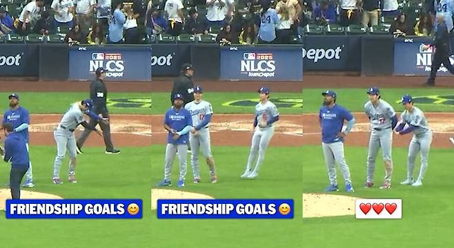 ▲ 오타니 쇼헤이가 경기 후 세리머니를 위해 김혜성을 부르는 장면.