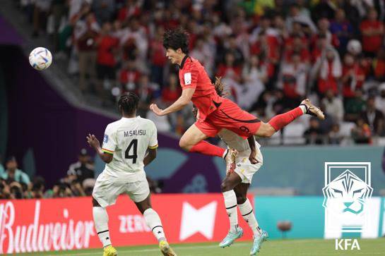 조규성(가운데)이 2022 국제축구연맹(FIFA) 카타르월드컵 가나와 조별리그 경기 중 헤더골을 터트리고 있다. /사진=대한축구협회(KFA) 제공