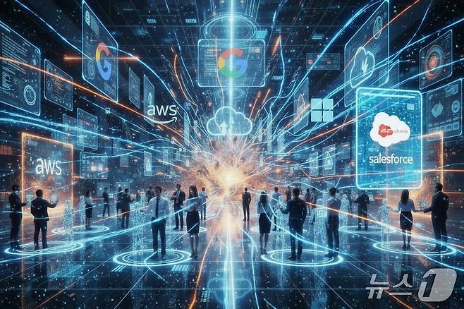 아마존(AWS)·구글·세일즈포스 등 빅테크 기업 노코드 AI 에이전트 빌더를 경쟁적 출시 관련 퍼플렉시티 AI 이미지 생성 요청 이미지.