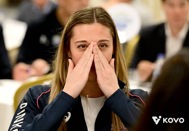 2025~2026시즌 V리그 트라이아웃 당시 흥국생명에 지명된 직후 감격한 레베카 라셈. 사진제공=KOVO