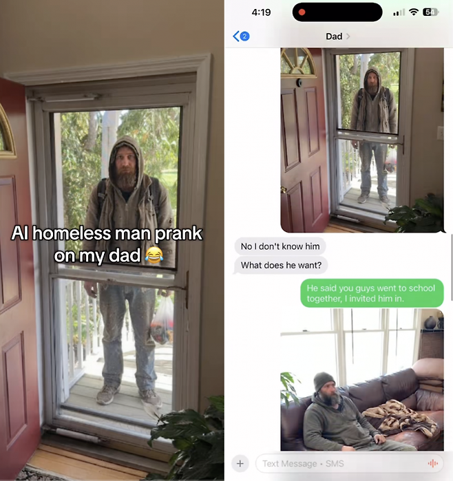 최근 SNS에서 유행 중인 인공지능을 활용한 'AI 노숙자 장난' 챌린지. 틱톡 캡처