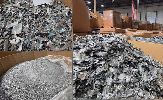 파쇄와 선별을 거친 전자폐기물이 플라스틱, 철, 알루미늄 등으로 분리돼 있다. ⓒ데일리안 정진주 기자