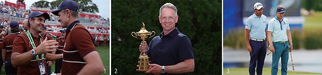 1 2025 라이더컵 이틀째 포볼 경기를 승리로 마친 저스틴 로즈(오른쪽)를 끌어 안으며 함께 기뻐하는 에도아르도 몰리나리. 2 2025 라이더컵에서 우승한 유럽팀 주장 루크 도널드가 9월 29일(현지시각) 뉴욕 가든 시티의 가든 시티 호텔에서 트로피를 들고 포즈를 취하고 있다. 3 루크 도널드(왼쪽)와 에도아르도 몰리나리는 PGA투어의 유일한 2인 1조 팀 대회인 2023 취리히 클래식에서는 선수로 호흡을 맞췄다. /AFP연합, AFP연합·게티이미지, USA TODAY Sports·연합뉴스