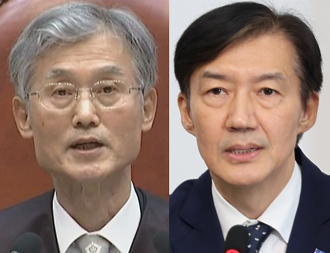 조희대(왼쪽) 대법원장과 조국 조국혁신당 비상대책위원장