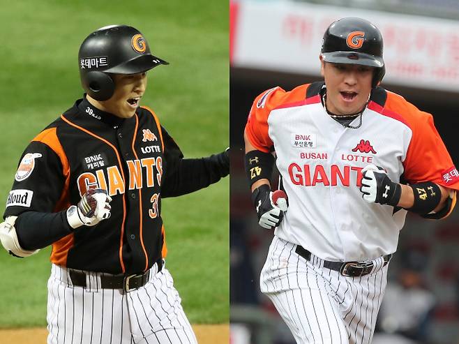 한국시리즈 진출권이 걸린 플레이오프에서 절친 손아섭과 강민호가 만났다. 사진은 과거 롯데에서 함께 활약한 손아섭(왼쪽)과 강민호. /사진=뉴스1