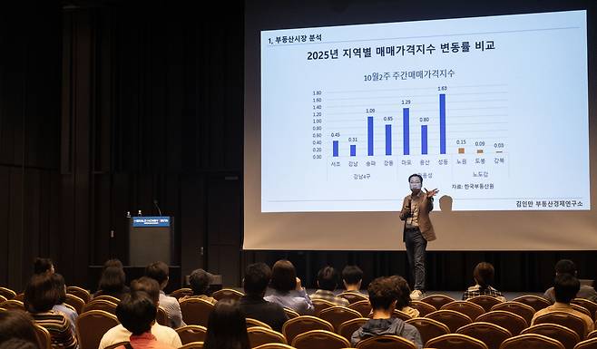 김인만 김인만 부동산연구소 대표가 17일 서울 강남구 코엑스 그랜드볼룸에서 열린 ‘헤럴드머니페스타 2025’에서 ‘2026년 살아남을 부동산 성공전략’을 주제로 강연을 하고 있다. 오는 17일까지 양일간 열리는 ‘헤럴드머니페스타 2025’는 ‘웰스 내비게이션’ 주제로 돈의 흐름과 자산의 맥을 짚어나가는 축제의 자리로 처음으로 월급을 모으는 2030 재테크 초심자부터 자산 승계나 절세를 염두에 둔 5060 재테크 고수까지 다양한 계층을 위한 주식·부동산·금융상품·절세·가상자산 등 재테크와 관련한 모든 정보가 총망라된다. 임세준 기자