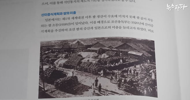 김낙년 한국학중앙연구원장이 취임 전 집필한 교과서 원고의 소제목에 '산미증식계획과 쌀의 이출'이라는 제목이 적혀 있다.