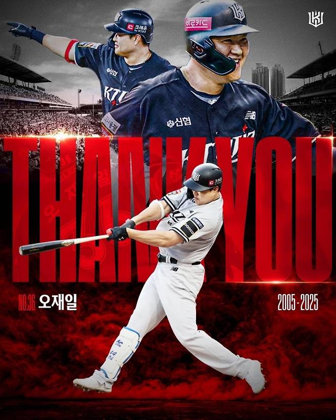 프로야구 kt 위즈 구단이 17일 “오재일이 21년의 선수 생활을 마무리하고 은퇴한다. 제2의 인생도도 응원해 달라”고 했다. kt 소셜미디어