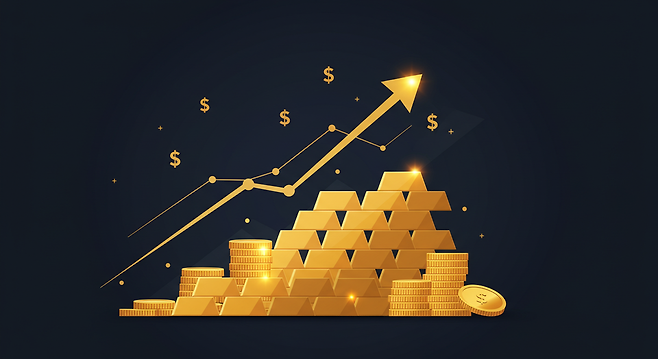 달러화 약세와 미국 금리 인하 기대 속에 국제 금값이 사상 처음 4100달러를 돌파하고, 은값도 1980년 '은 파동' 당시 고점을 넘어섰다. &copy;ImageFX 제작