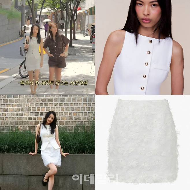 손연재가 착용한 귀조 민소매 상의와 쿠메 미니스커트 (사진=손연재 유튜브 채널·브랜드 홈페이지 캡처)