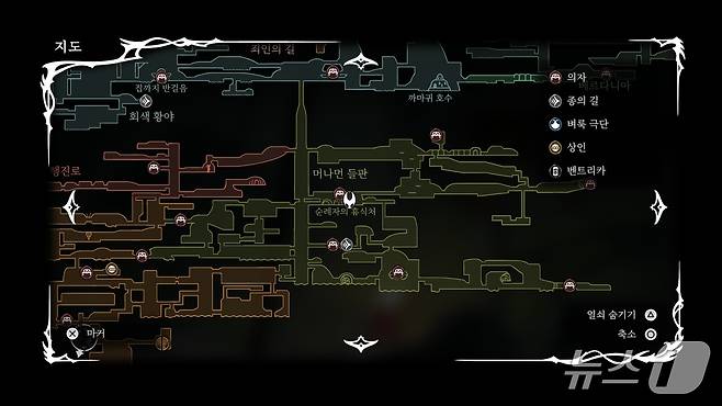 여러 이동 기술을 통해 밝혀진 맵들. 메트로바니아 장르 특유의 개미굴같은 모습을 볼 수 있다.(게임 스크린 갈무리)/뉴스1 ⓒ News1 윤주영 기자