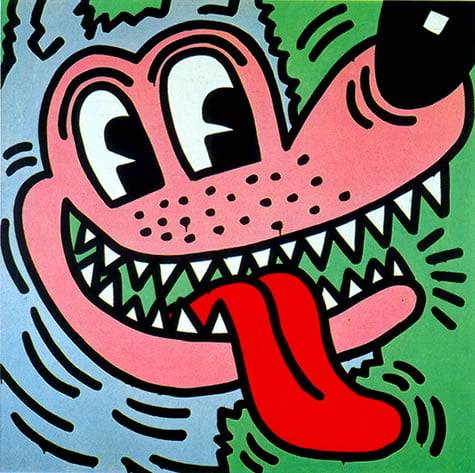 해링이 아이들을 위한 그림만 그렸던 건 아니었다. 이 캐릭터가 대표적이다. 언뜻 보면 이 개는 밝고 유쾌해 보이지만, 날카로운 이와 혓바닥이 경계심을 유발한다.