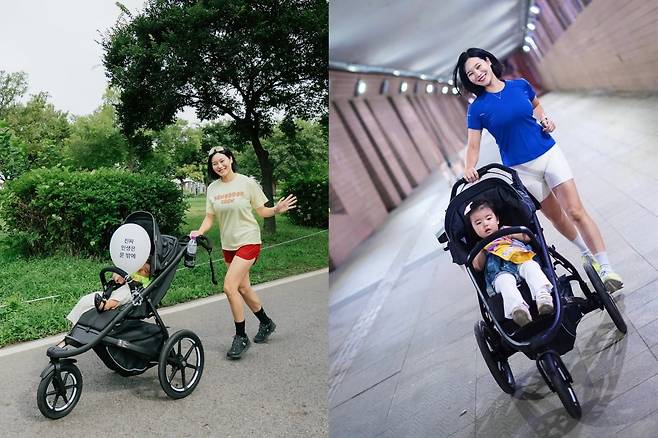 자녀가 탄 유아차를 밀며 '유아차런'을 하고 있는 러닝전도사 안정은씨./사진=안정은 인스타그램(@totoolike)