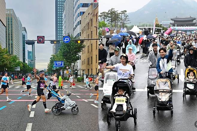 마라톤 대회에 참여한 유아차 러닝크루 '캥거루 크루' 구성원들의 모습./사진=캥거루크루 인스타그램(@kangaroo_runcrew)