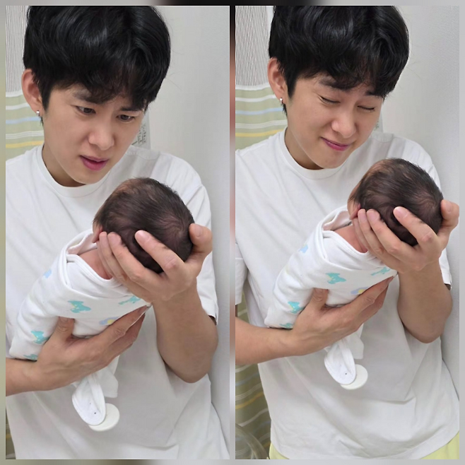 손민수가 처음으로 자신의 쌍둥이 딸을 품에 안았다. 그의 품에는 조심스러움이, 표정에는 설렘이 고스란히 담겨 있었다. 사진=임라라 SNS