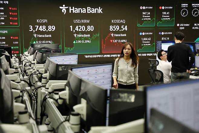 코스피가 0.52p(0.01%) 오른 3,748.89에 장을 종료한 지난 17일 서울 명동 하나은행 본점 딜링룸에서 딜러들이 업무를 보고 있다. [연합뉴스]