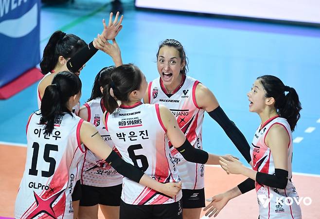 득점 후 기뻐하는 정관장 선수들 [한국배구연맹 제공. 재판매 및 DB 금지]