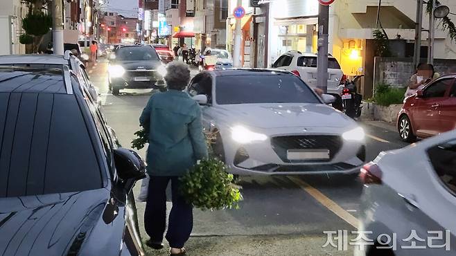 주차된 차량을 피해 차도로 이동할 수밖에 없는 보행자와 이를 피하기 위해 중앙선을 넘어갈 수밖에 없는 차량. 제주시는 지난 5월, 동광로6길에 대한 불법 주정차 고정식 단속 카메라 설치 및 단속 구간 지정 행정예고에 나선 뒤 상인 및 주민 반대를 이유로 보류 중이다. 그 사이 보행자들은 안전을 위협받고 있다. ⓒ제주의소리